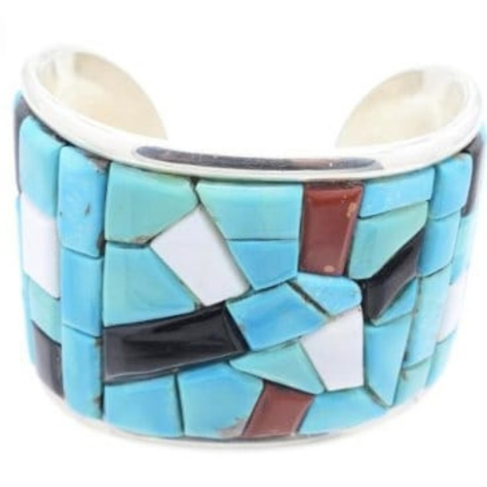 Michael Spencer Navajo Sterling Silver Turquoise Mosaic Bracelet Cuff Coral